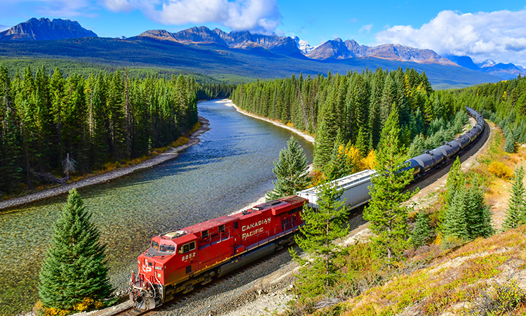 长货运列车加拿大太平洋铁路(CPR)沿着Bow河在加拿大落基山脉，班夫国家公园，加拿大落基山脉，加拿大。