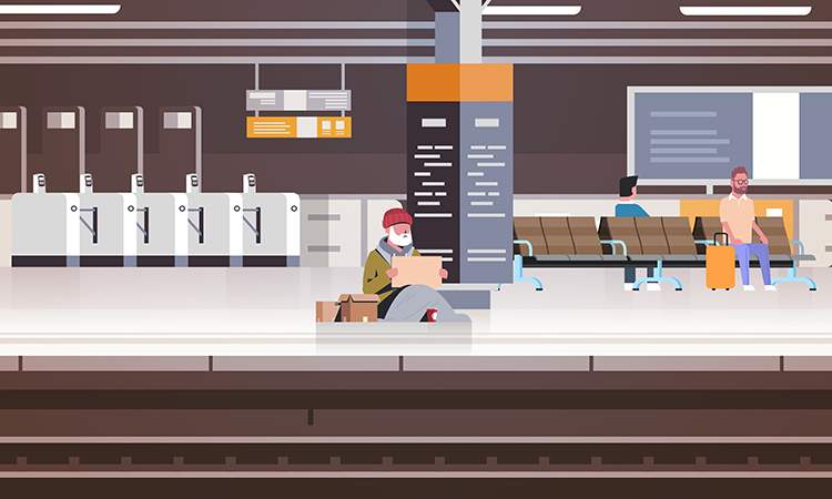 流浪汉坐在火车站地板上的插图