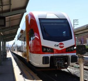 A Caltrain train at a station