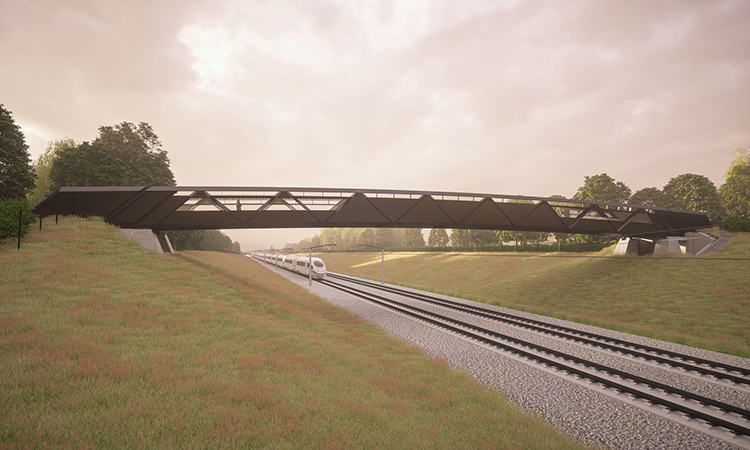 Computer generated image of an HS2 rural footbridge design from a distance
