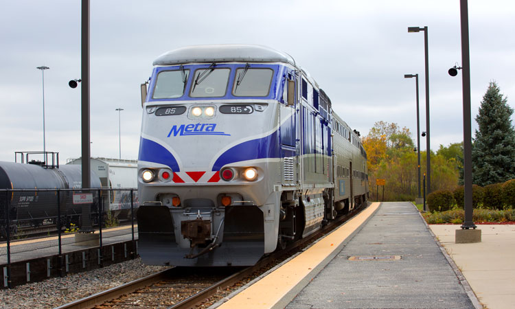 A Metra train at a station platform