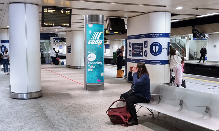 Photomontage of Pluvo air cleaning unit on Birmingham New Street platform