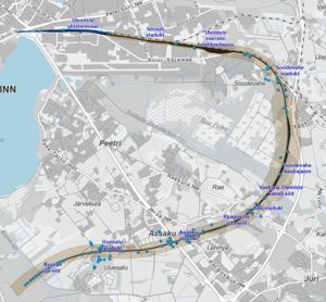 一张地图显示爱沙尼亚波罗的海铁路Ülemiste-Kangru路段，该路段已被宣布符合环境影响评估要求