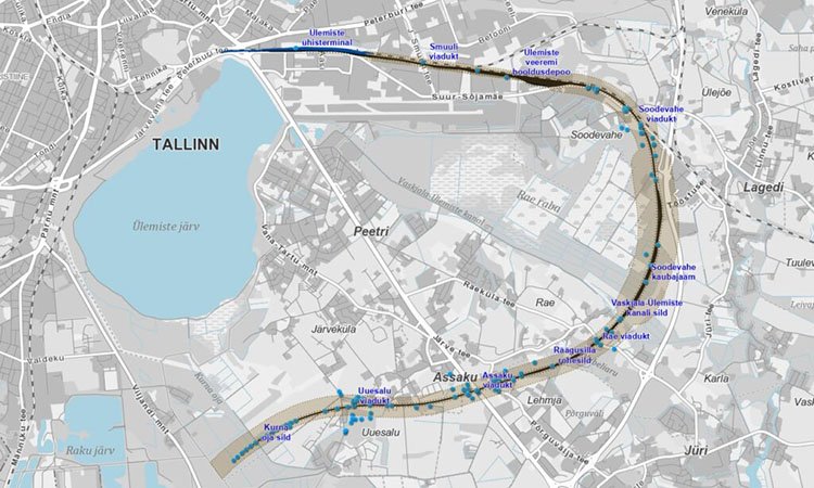 地图显示爱沙尼亚波罗的海铁路Ülemiste-Kangru段，已宣布满足EIA要求