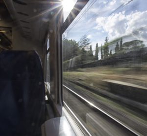 A high-speed train with track view from the window