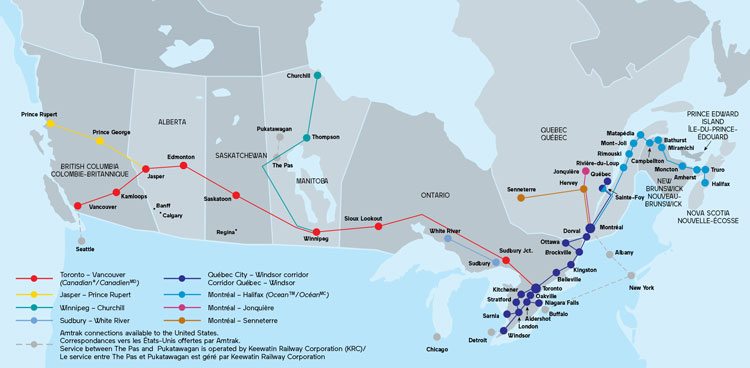 VIA加拿大铁路地图
