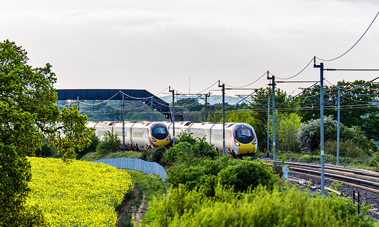 春天，英国一列火车停在田野旁